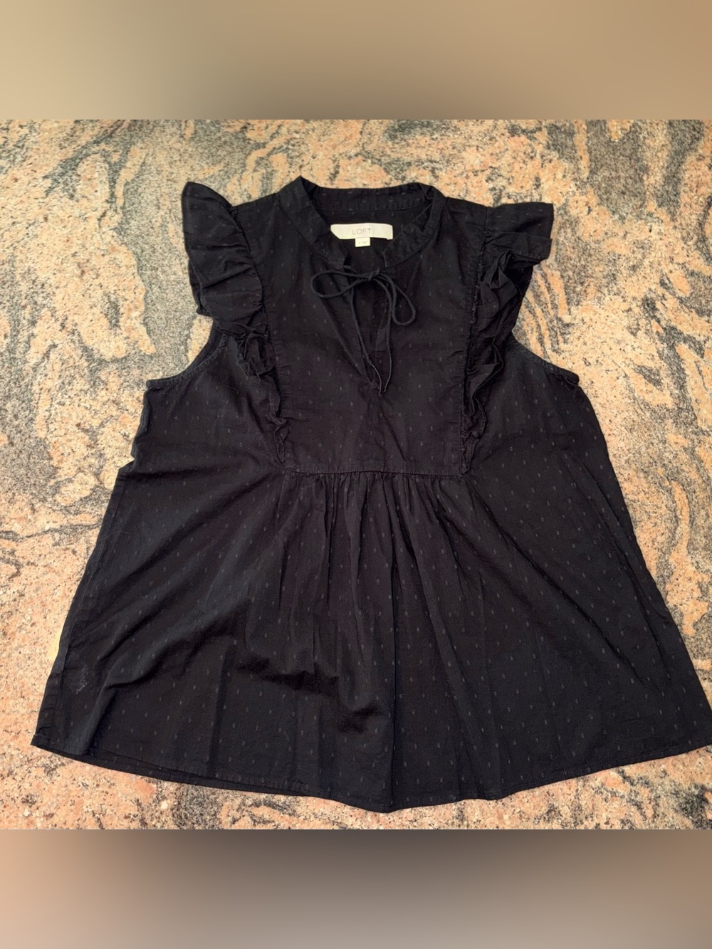 LOFT Black Clip Dot Ruffle Sleeveless Blouse with Split Tie Neck